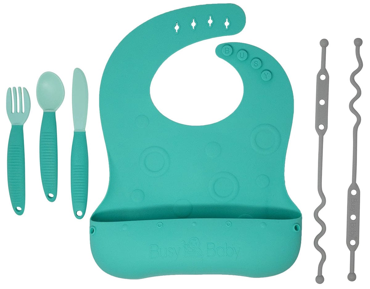 Busy Baby Bungee Bib & Utensil Bundle - Spearmint - 850003408989