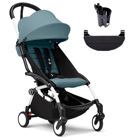 Stokke YOYO3 Ultra Compact 6+ Stroller + Essentials Bundle - White / Aqua - 654500-655101-646701