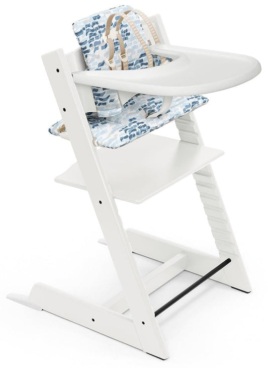 Stokke OPEN BOX Tripp Trapp High Chair and Cushion with Stokke Tray - White / Waves Blue - 586100-OB