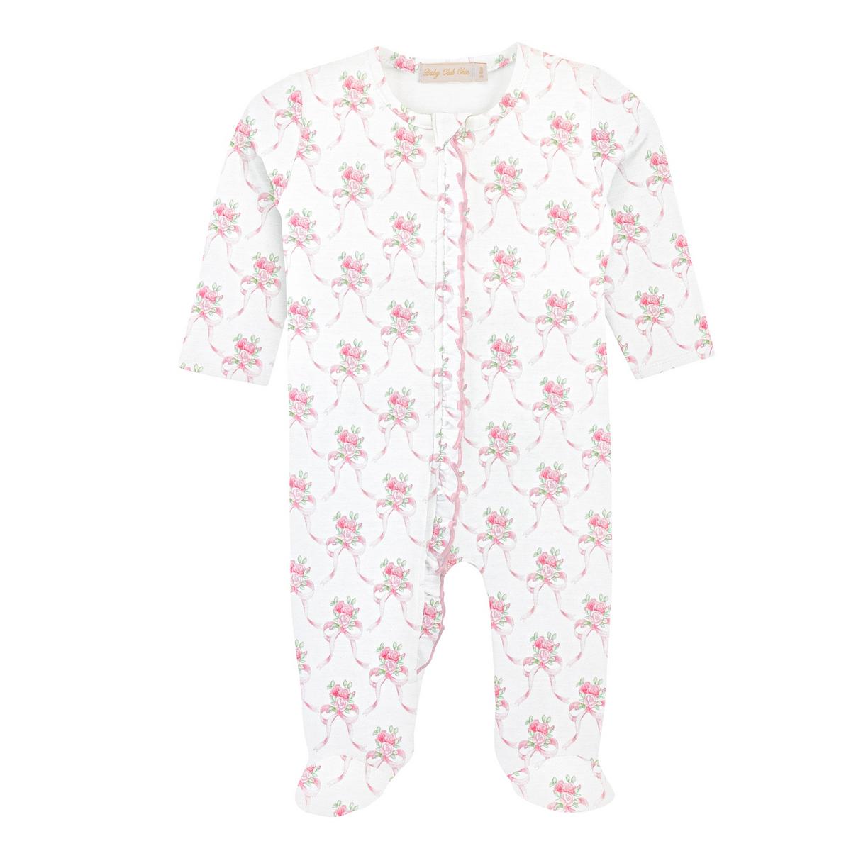 Baby Club Chic white footed sleeper with pink rose and ribbon print