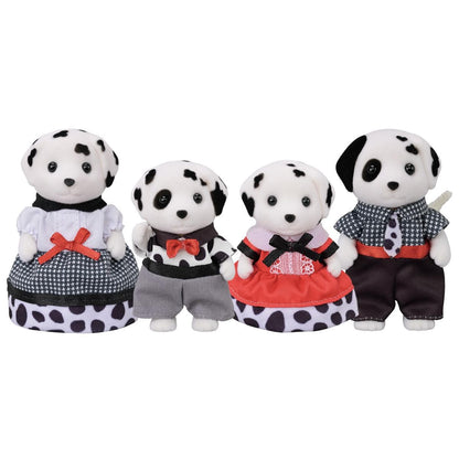 Calico Critters Dalmatian dog family of four figures in patterned outfits