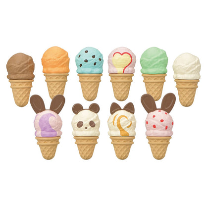 Ten assorted ice cream cone erasers arranged in two rows