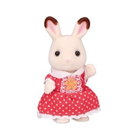 Sylvanian Families rabbit figure wearing a red polka dot dress with a white collar and flower detail