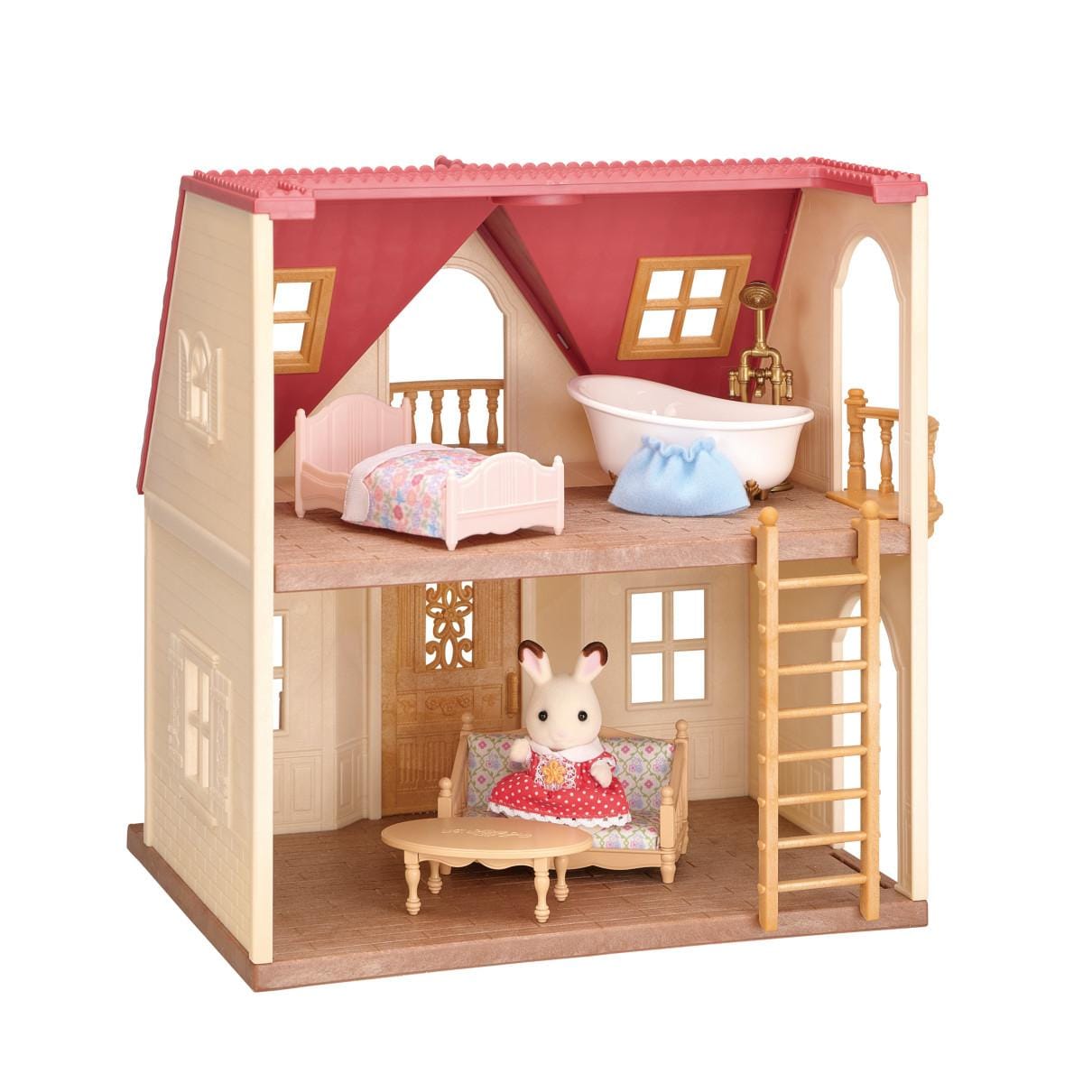 Calico Critters two story dollhouse with furniture and rabbit figure