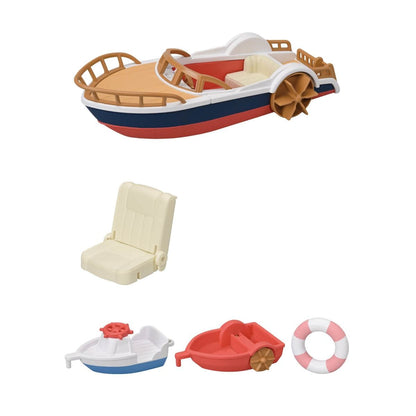 Calico Critters toy paddle boat set with accessories including a seat, small boat, pedal boat, and life ring