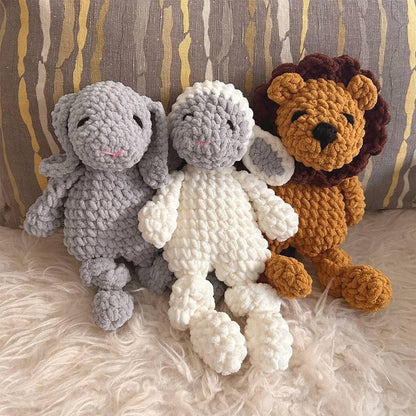 Cheengoo crochet plush toys including a grey bunny, white lamb, and brown lion