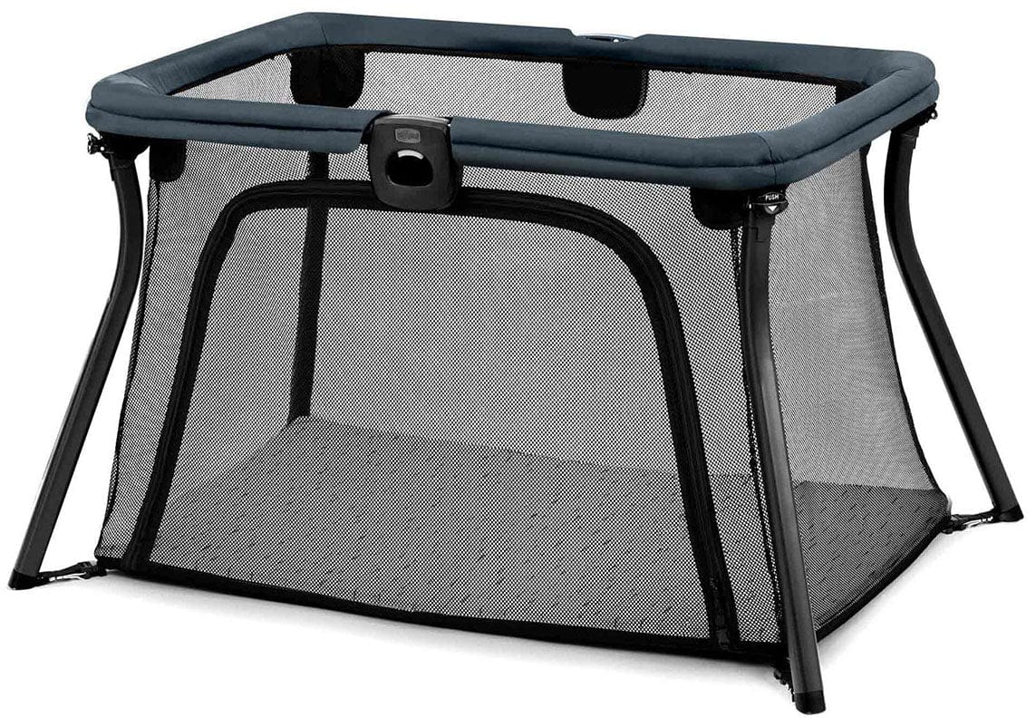 Midnight blue lightweight travel playard by Chicco with mesh sides, black frame, and padded top rail, front view