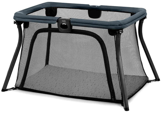 Midnight blue lightweight travel playard by Chicco with mesh sides, black frame, and padded top rail, front view