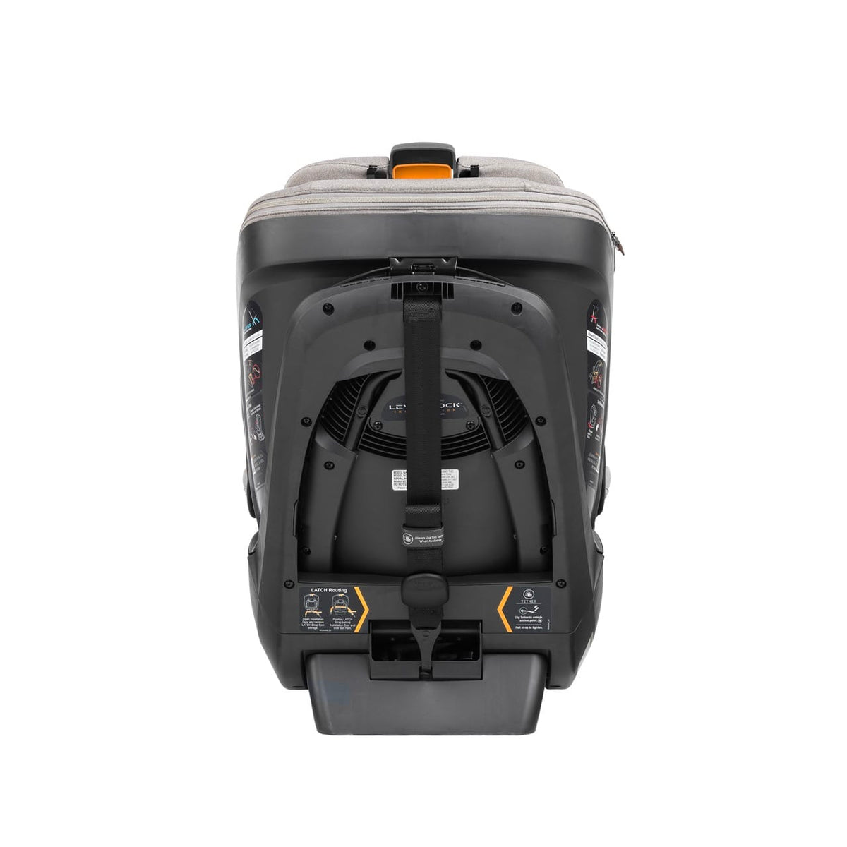 Back view of Chicco car seat showing LATCH routing and tether strap instructions