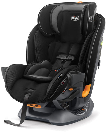 Black and gray all-in-one convertible car seat by Chicco with orange accents, mesh fabric, side impact protection, and 9-position recline system, front view