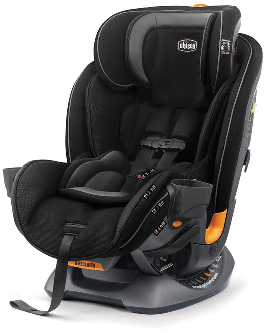 Black and gray all-in-one convertible car seat by Chicco with orange accents, mesh fabric, side impact protection, and 9-position recline system, front view