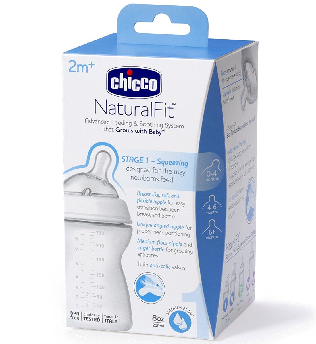 Chicco NaturalFit 8 oz Stage 1 Bottle, Medium Flow - 2M+ - 00080723000070