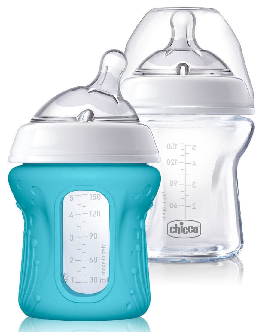 Chicco NaturalFit Slow Flow Glass Bottles with Silicone Sleeve, 5 oz (2 Pack) - 00080811400070