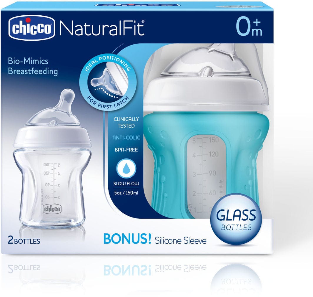 Chicco NaturalFit Slow Flow Glass Bottles with Silicone Sleeve, 5 oz (2 Pack) - 00080811400070