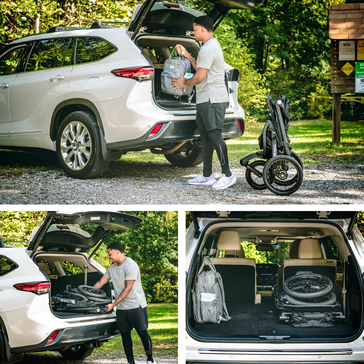 Man loading a folded stroller and diaper bag into the trunk of a white SUV