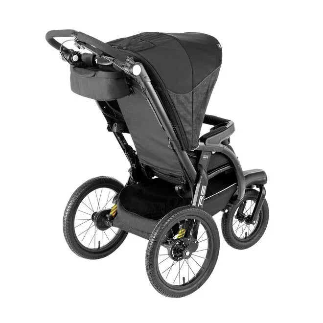 Black Chicco jogging stroller viewed from the rear showing wheels and storage basket