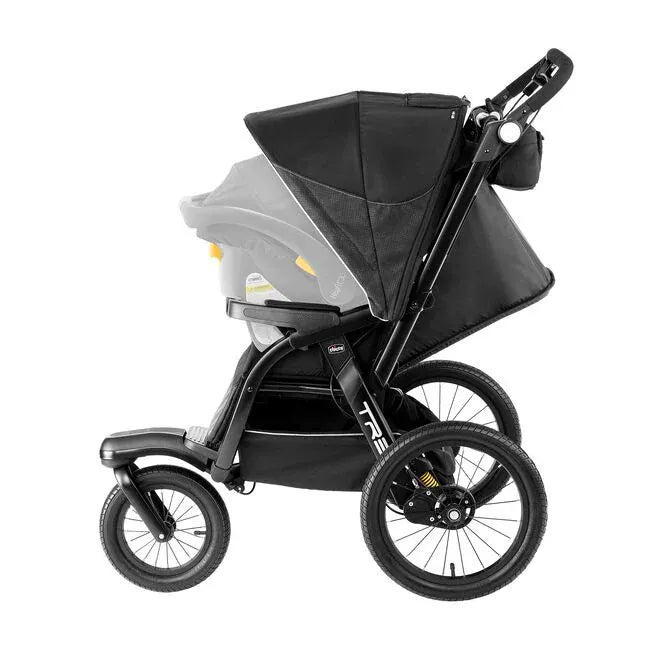 Chicco Tre jogging stroller with a black infant car seat attached