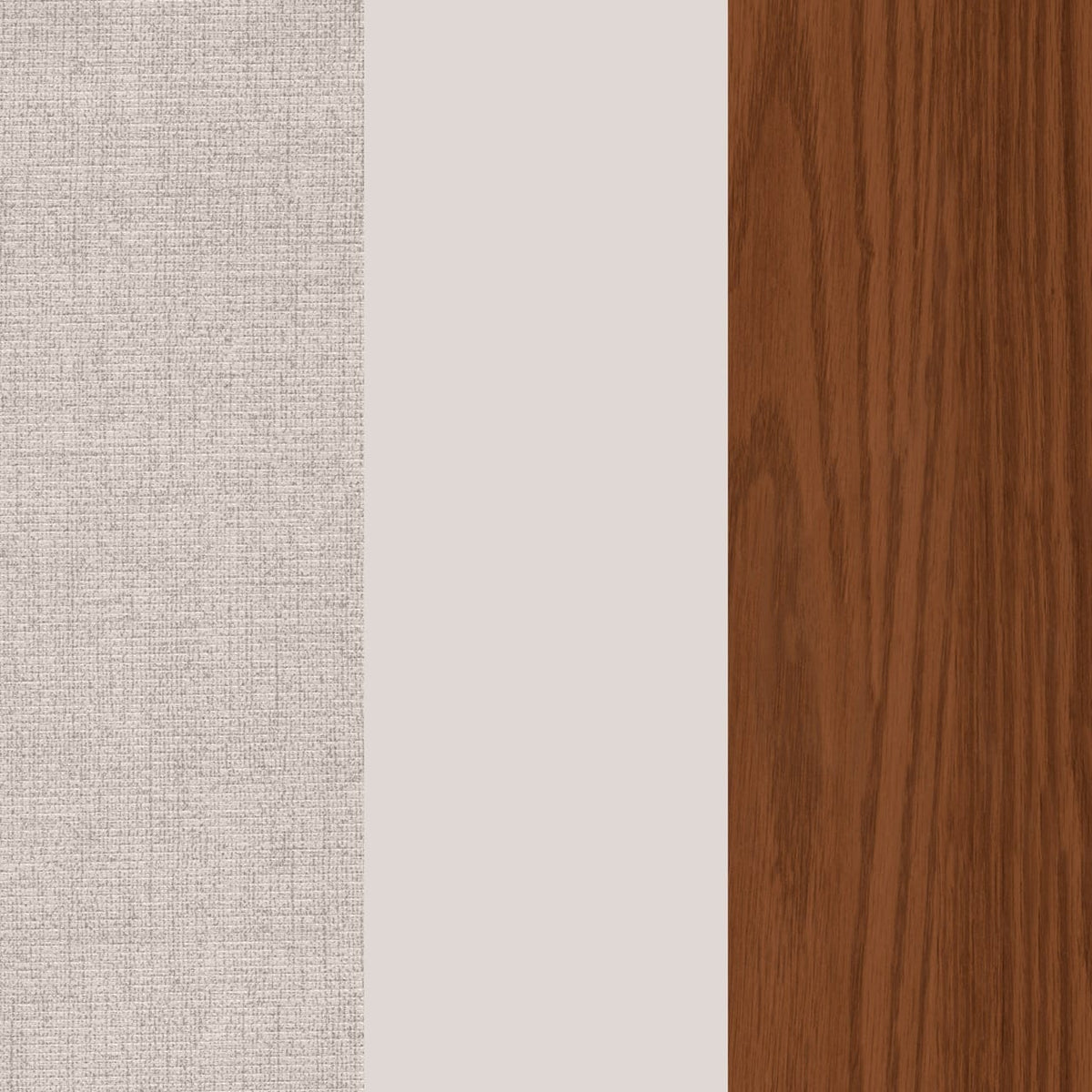 Vertical panels of textured light grey fabric, solid beige, and dark brown wood grain