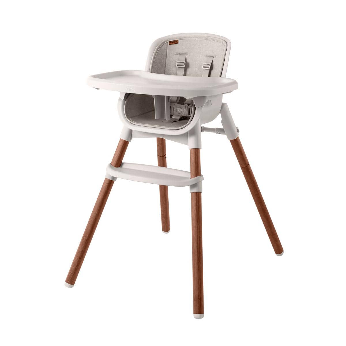 Beige high chair with wooden legs and white tray