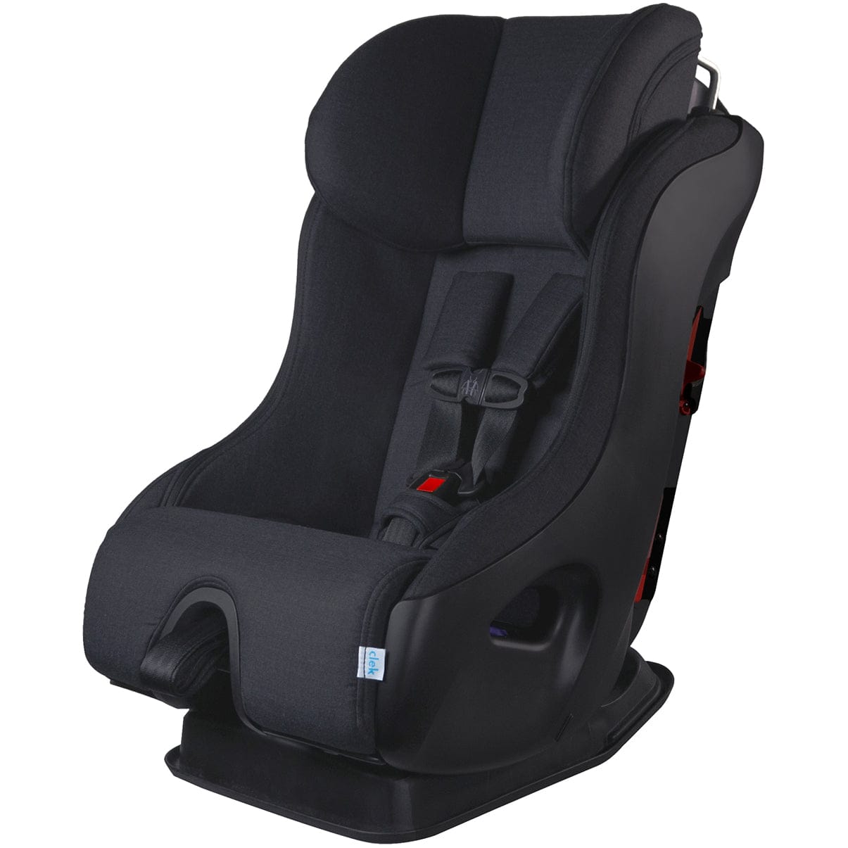 Black narrow convertible car seat by Clek, Mammoth Ziip model, with textured fabric, red buckle accents, and anti-rebound bar, side view.