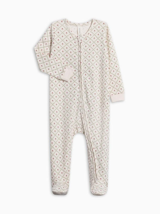 Colored Organics footed sleeper in cream with a green lattice and pink floral print