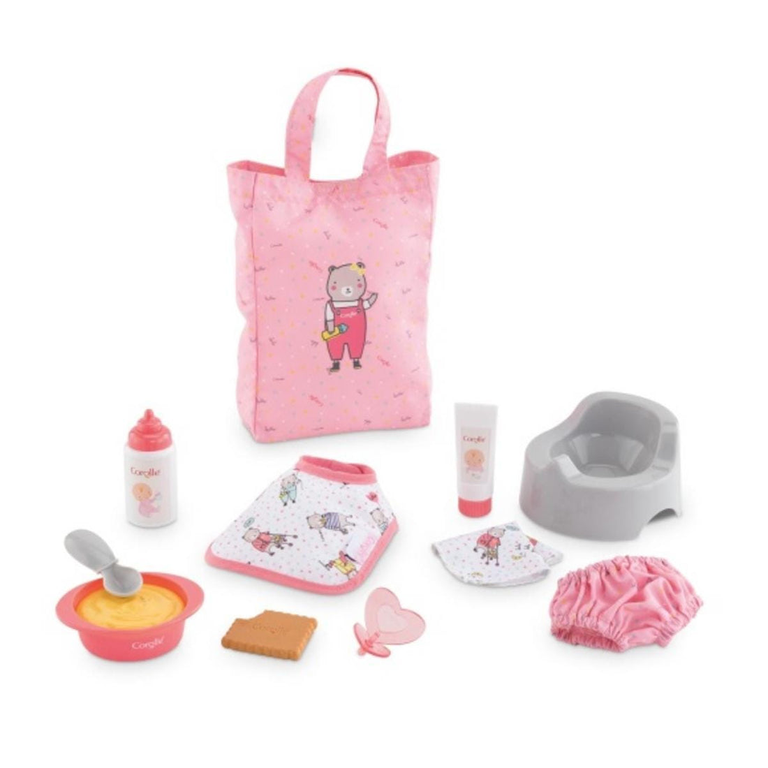 Corolle doll accessory set including a pink tote bag, feeding items, potty, and clothing