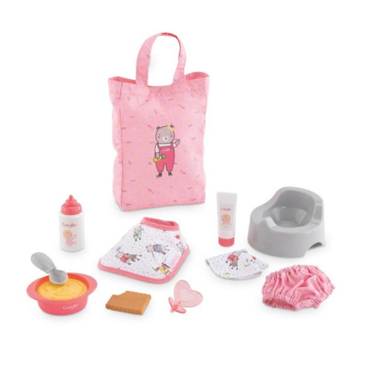 Corolle doll accessory set including a pink tote bag, feeding items, potty, and clothing