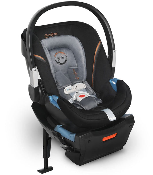 Pepper black infant car seat by Cybex with gray padded insert, blue side accents, and SensorSafe technology, front view