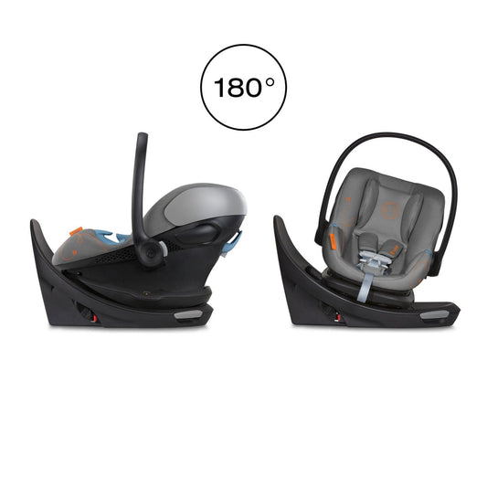 Lava grey infant car seat with orange stitching and black frame by Cybex, featuring swivel base and SensorSafe technology, side view