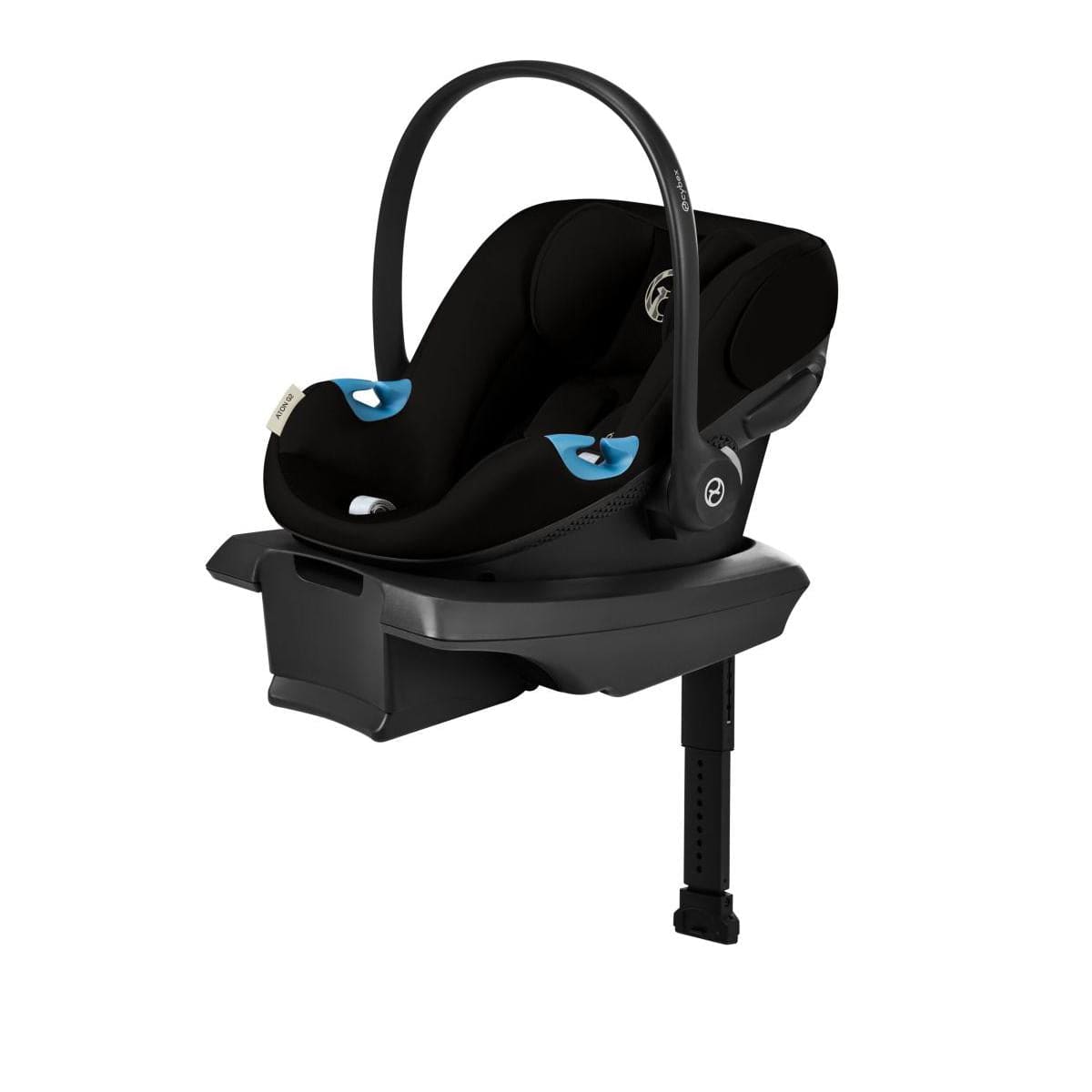 Black infant car seat with load leg base by Cybex, featuring moon black fabric, blue harness accents, and side-impact protection, shown in front view.