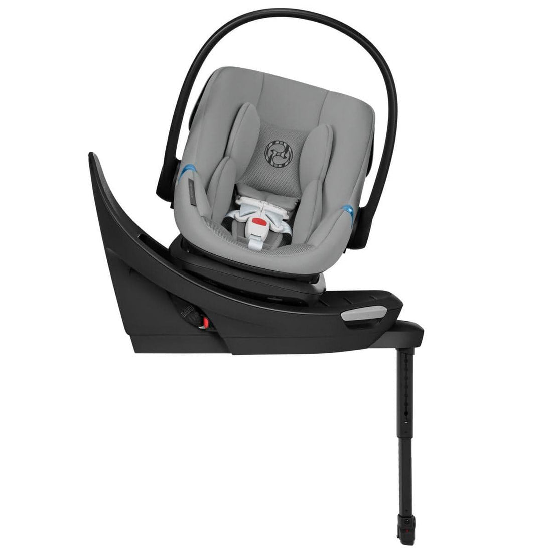 Stone grey infant car seat with black base and load leg by Cybex, featuring swivel design and padded headrest, side view