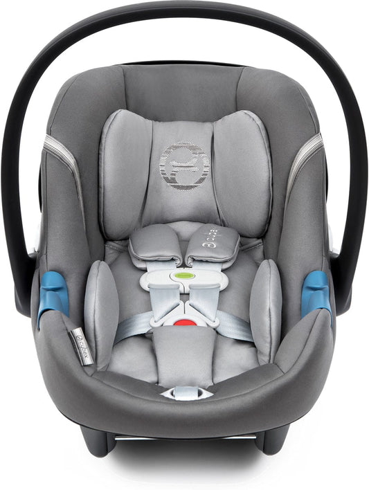 Pepper black infant car seat by Cybex with gray padded interior, blue side accents, and SensorSafe harness system, front view