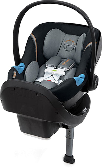 Pepper black infant car seat by Cybex with gray padded interior, blue side accents, and SensorSafe harness system, front view