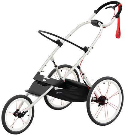 Cream jogging stroller frame with orange accents by Cybex, featuring fixed front wheel, black handlebar grips, and red-spoked wheels, side view.