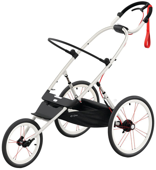 Cream jogging stroller frame with orange accents by Cybex, featuring fixed front wheel, black handlebar grips, and red-spoked wheels, side view.