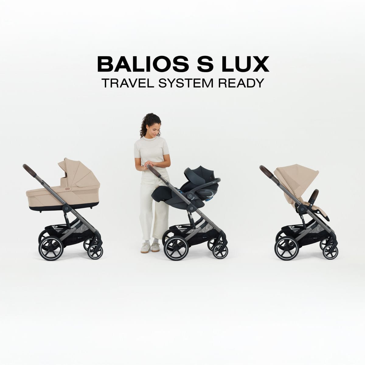 Cybex Balios S Lux stroller shown with carry cot infant car seat and seat unit configurations