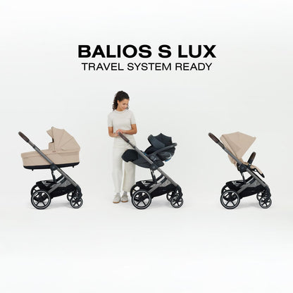 Cybex Balios S Lux stroller shown with carry cot infant car seat and seat unit configurations