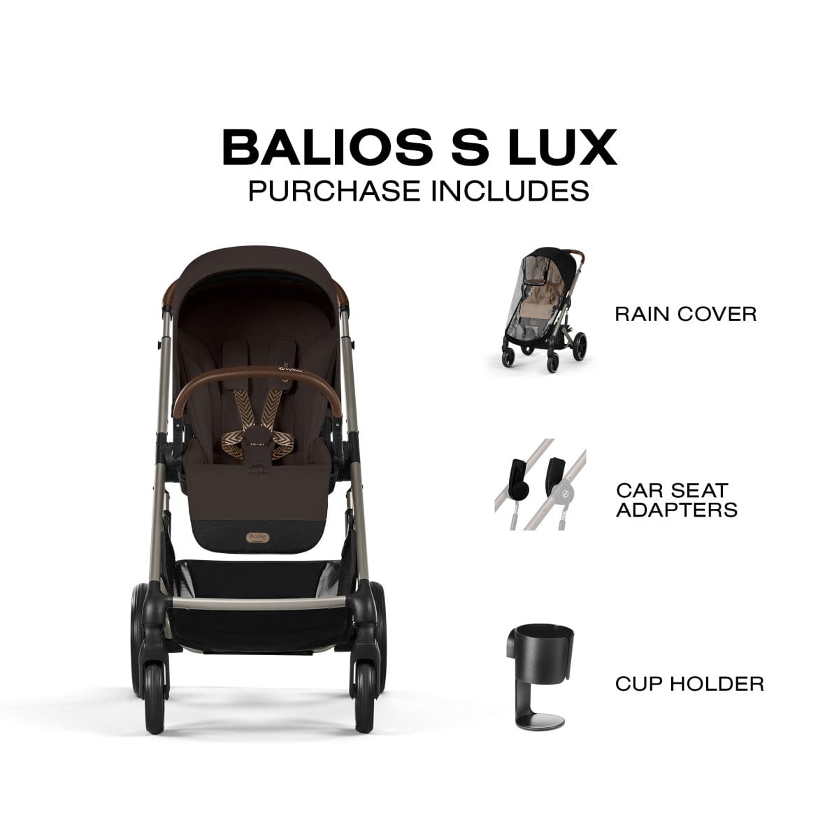 Cybex Balios S Lux stroller with included rain cover, car seat adapters, and cup holder