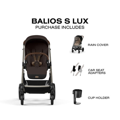 Cybex Balios S Lux stroller with included rain cover, car seat adapters, and cup holder