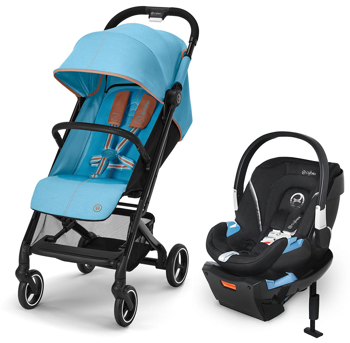 Cybex Beezy 2 Compact Stroller + Aton 2 SensorSafe Travel System Bundle - Beach Blue / Lavastone Black - 522001717-519003595