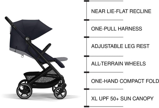 Black compact stroller with mesh seat and canopy by Cybex, featuring silver accents and four wheels, front three-quarter view