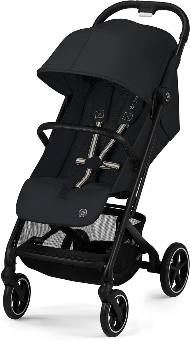Black compact stroller with mesh seat and canopy by Cybex, featuring silver accents and four wheels, front three-quarter view