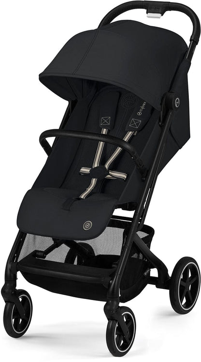 Black compact stroller with mesh seat and canopy by Cybex, featuring silver accents and four wheels, front three-quarter view