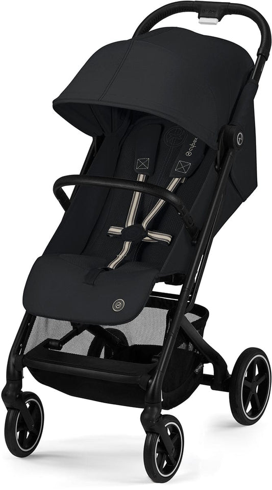 Black compact stroller with mesh seat and canopy by Cybex, featuring silver accents and four wheels, front three-quarter view