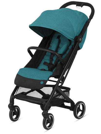 River blue compact stroller by Cybex with black frame, textured fabric, and four wheels, front three-quarter view
