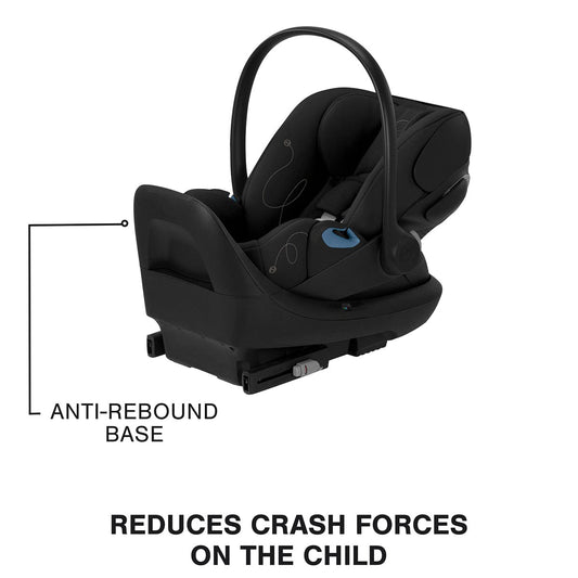 Black reclining infant car seat with anti-rebound bar by Cybex, featuring blue accents and breathable fabric, shown in side view with base.