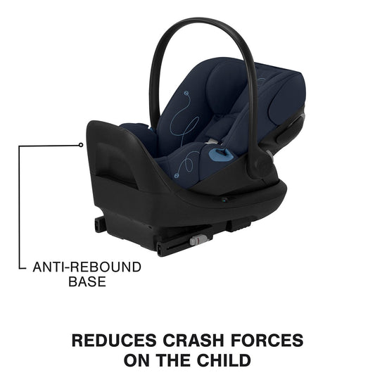 Ocean blue reclining infant car seat by Cybex with anti-rebound bar, black base, and side-protective canopy, shown in side view