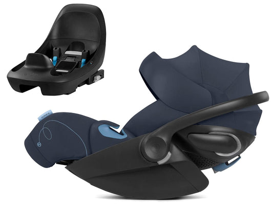 Ocean blue reclining infant car seat by Cybex with anti-rebound bar, black base, and side-protective canopy, shown in side view