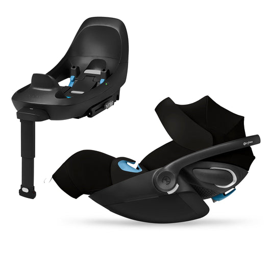 Moon Black infant car seat by Cybex with blue accents, side and top views, sleek plastic shell and padded interior