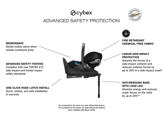 Sepia black infant car seat by Cybex with textured fabric, side-impact protection, and blue-accented harness, shown in front three-quarter view